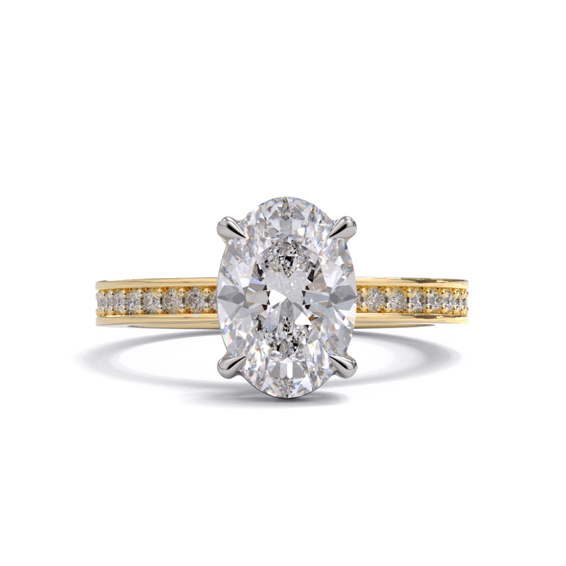 An oval diamond solitaire engagement ring with a diamond band, predominantly showcasing a clear central diamond with smaller clear stones on the band, set against a green background.