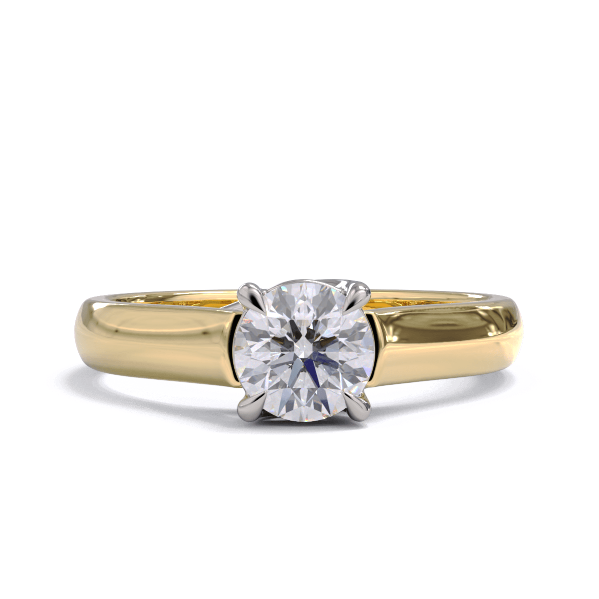 A round diamond solitaire engagement ring with a gold band.