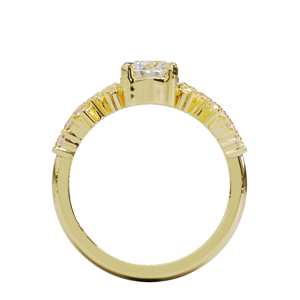 A yellow gold engagement ring with a round diamond center stone and clusters of round diamonds on each side. Pave diamonds down the side of band.