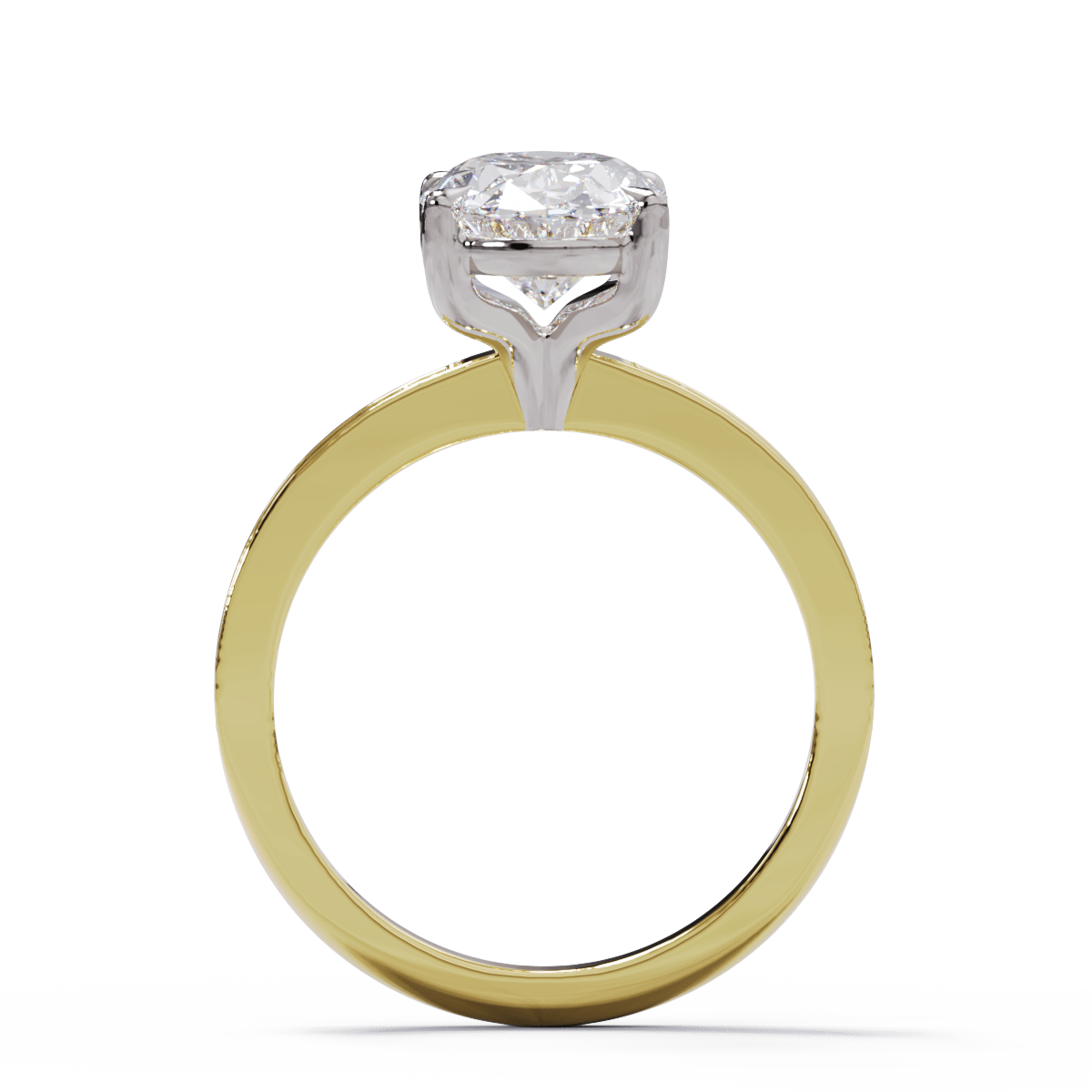 An oval diamond solitaire engagement ring with a diamond band, predominantly showcasing a clear central diamond with smaller clear stones on the band, set against a green background.