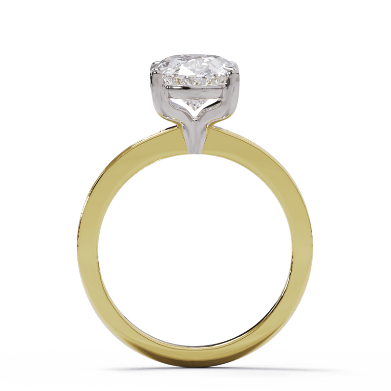An oval diamond solitaire engagement ring with a diamond band, predominantly showcasing a clear central diamond with smaller clear stones on the band, set against a green background.