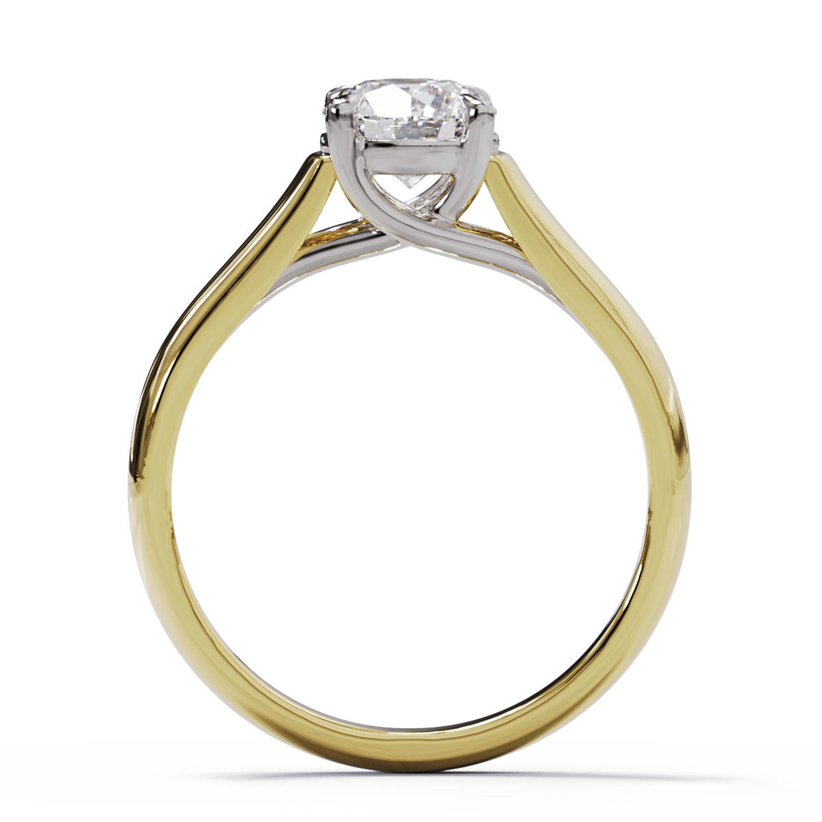 A round diamond solitaire engagement ring with a gold band.