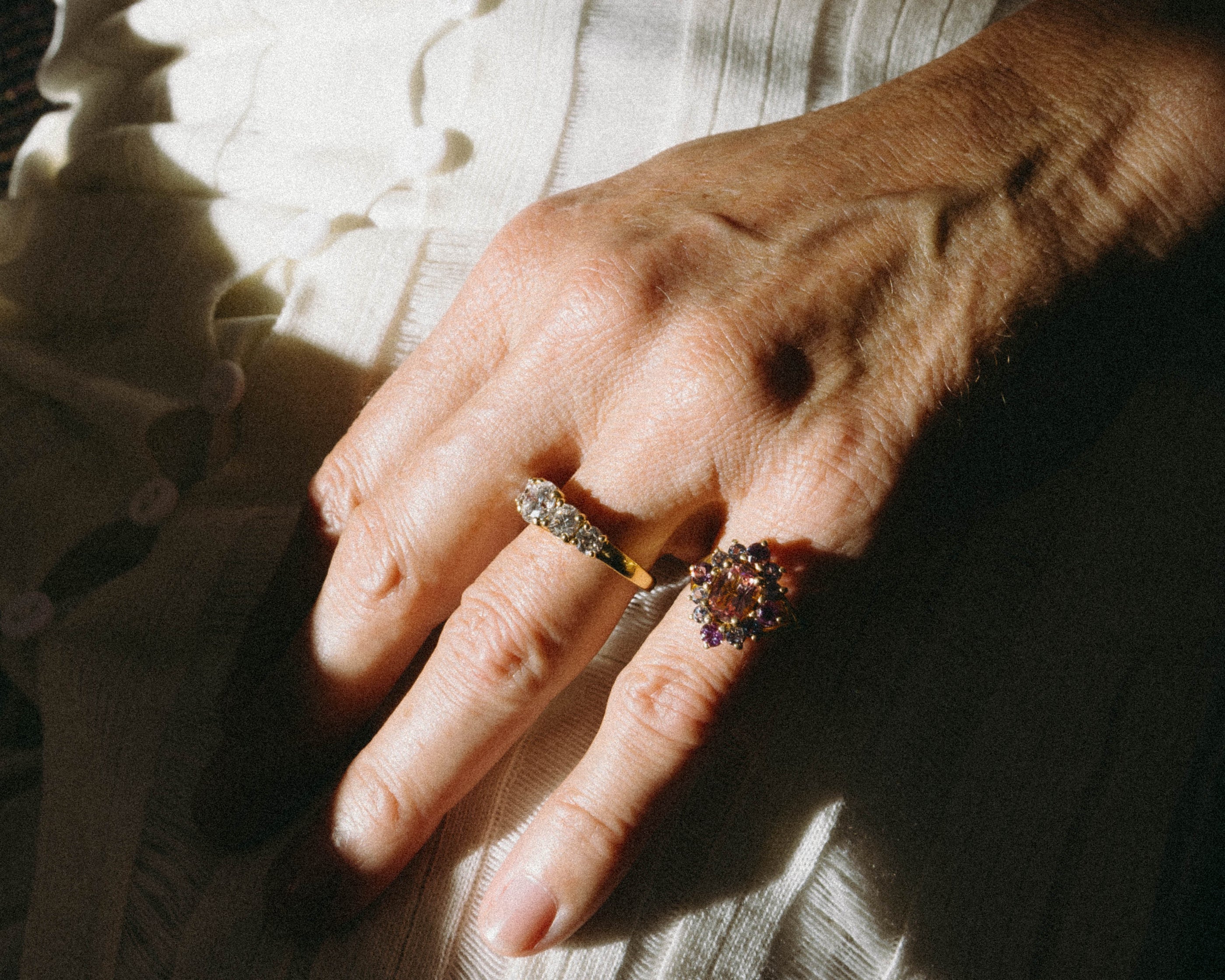 Close-up of a hand wearing two rings on hand