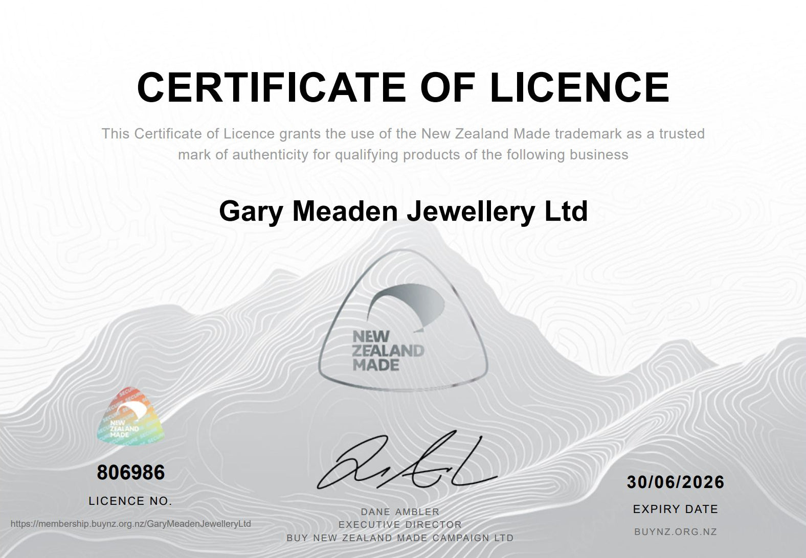 Certificate of Licence for Gary Meaden Jewellery Ltd with New Zealand Made logo.