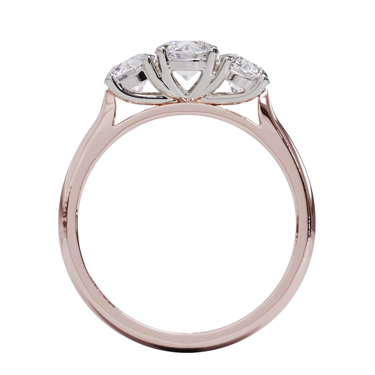 A three-stone diamond ring with a rose gold band and platinum setting for the diamonds.