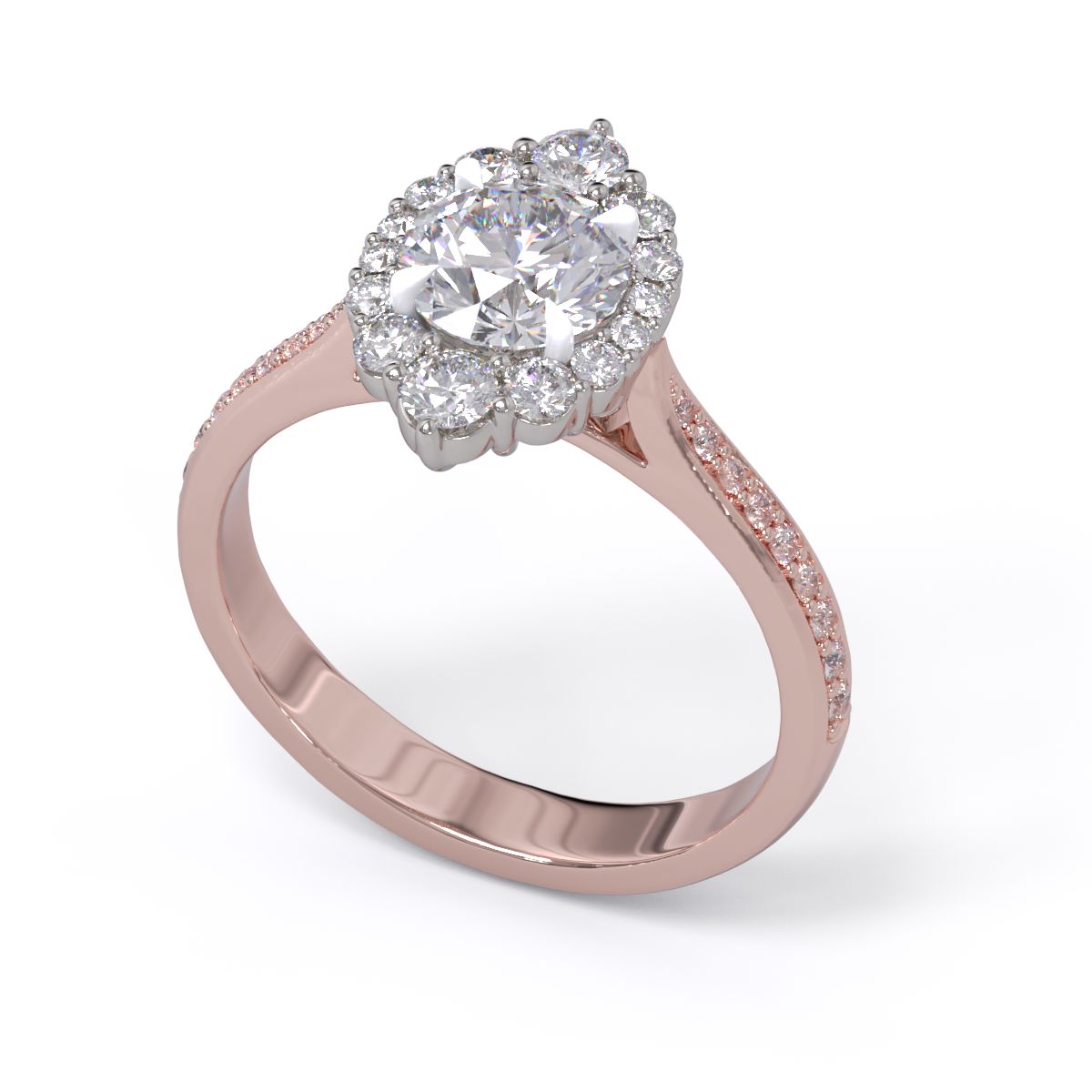 A gold diamond ring with a large round central diamond surrounded by a halo of smaller round diamonds. Set in platinum on a rose gold band with pave down on the band, displayed against a white background.