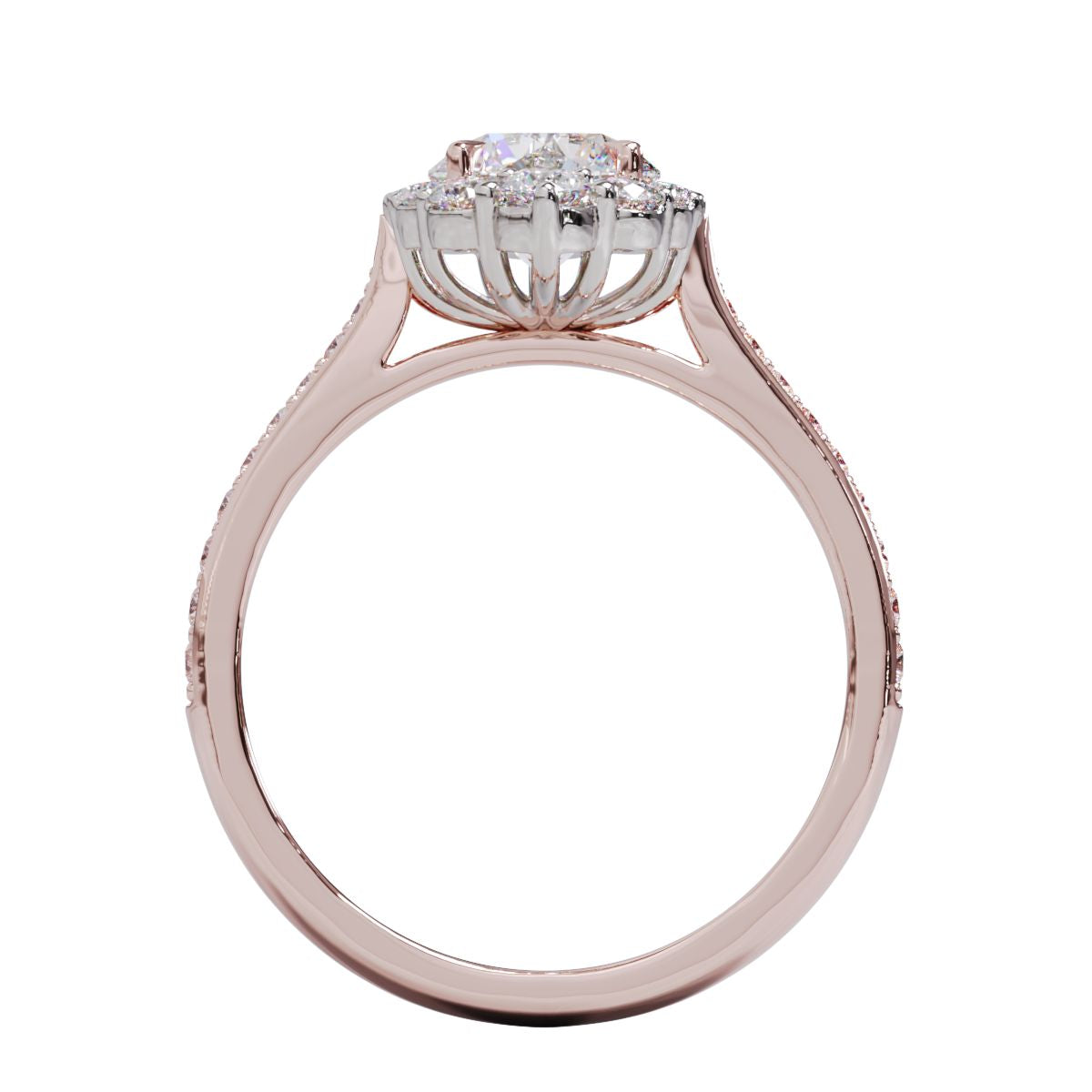 A gold diamond ring with a large round central diamond surrounded by a halo of smaller round diamonds. Set in platinum on a rose gold band with pave down on the band, displayed against a white background.