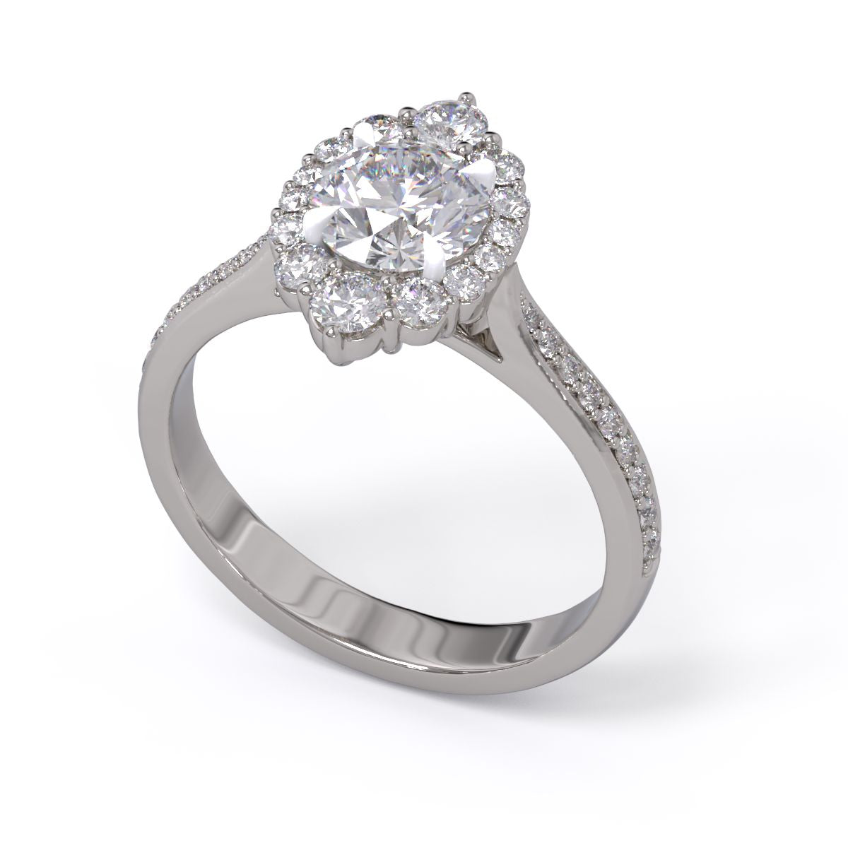 A gold diamond ring with a large round central diamond surrounded by a halo of smaller round diamonds. Set in platinum on a platinum or white gold band with pave down on the band, displayed against a white background.