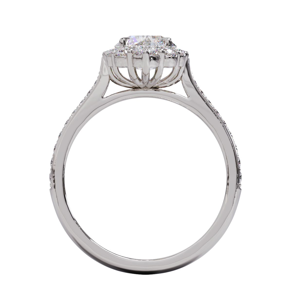 A gold diamond ring with a large round central diamond surrounded by a halo of smaller round diamonds. Set in platinum on a platinum or white gold band with pave down on the band, displayed against a white background.