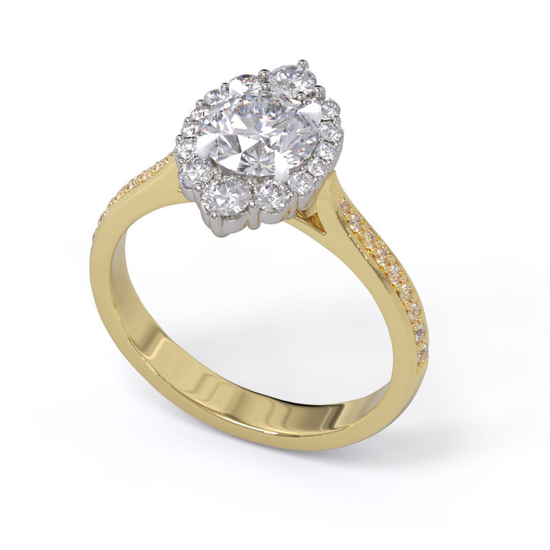 A gold diamond ring with a large round central diamond surrounded by a halo of smaller round diamonds. Set in platinum on a yellow gold band with pave down on the band, displayed against a white background.