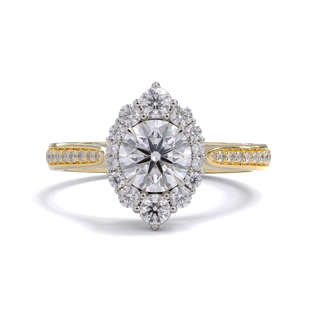 A gold diamond ring with a large round central diamond surrounded by a halo of smaller round diamonds. Set in platinum on a yellow gold band with pave down on the band, displayed against a white background.