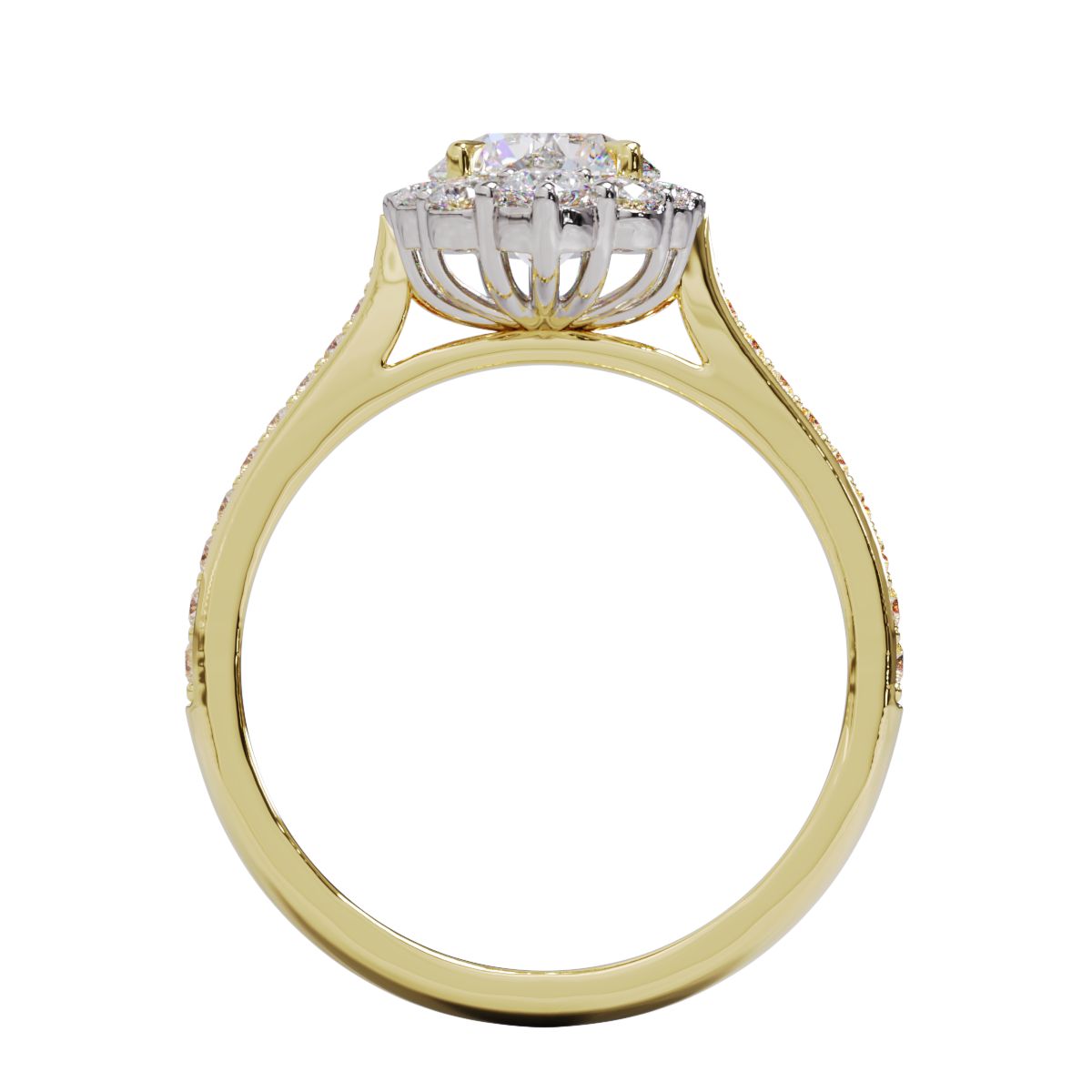 A gold diamond ring with a large round central diamond surrounded by a halo of smaller round diamonds. Set in platinum on a yellow gold band with pave down on the band, displayed against a white background.