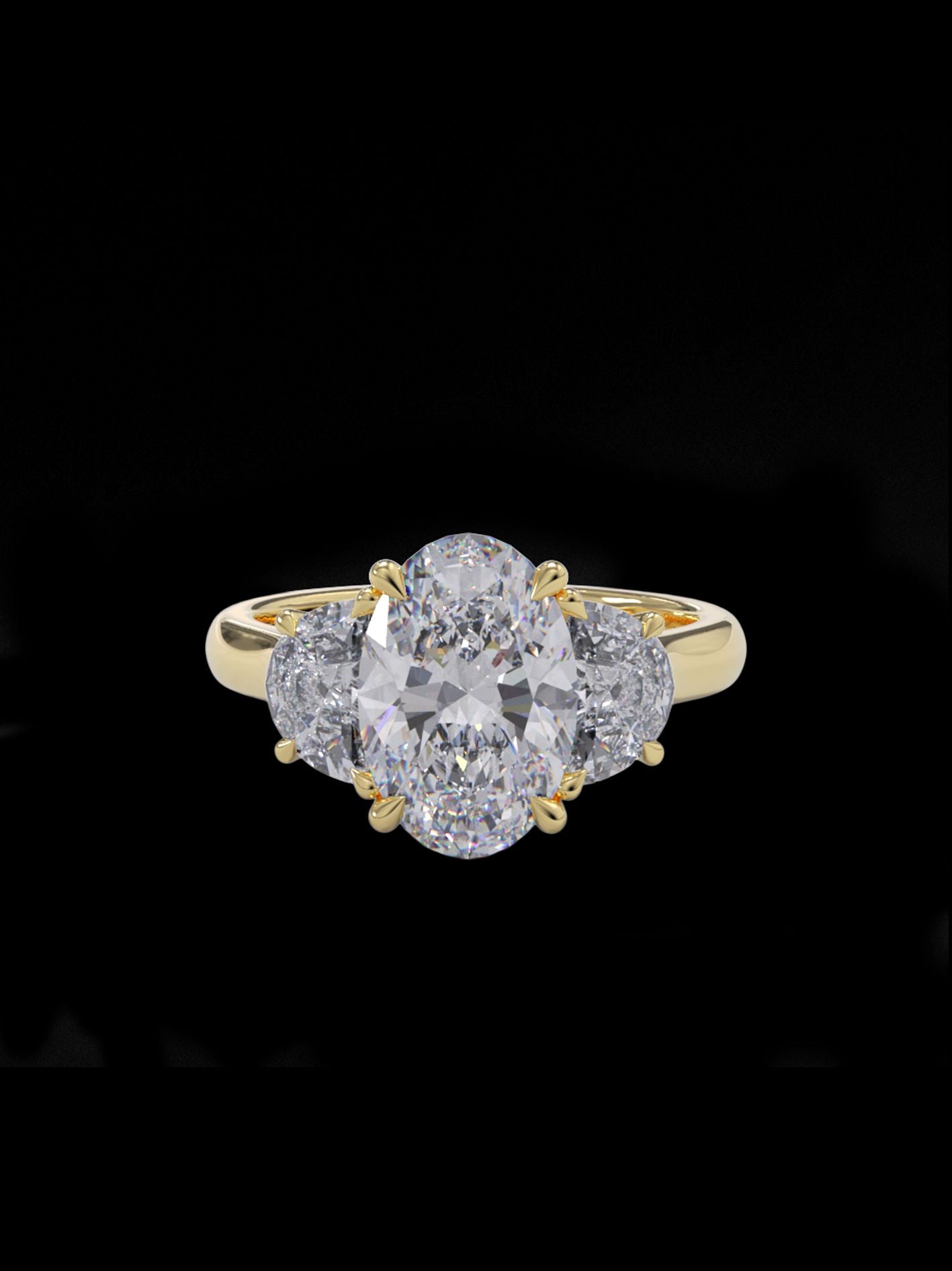 Gold ring with a central diamond and smaller diamonds on a black background
