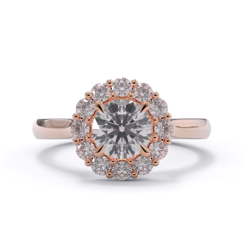 Rose gold ring with a large diamond and smaller diamonds around on a white background