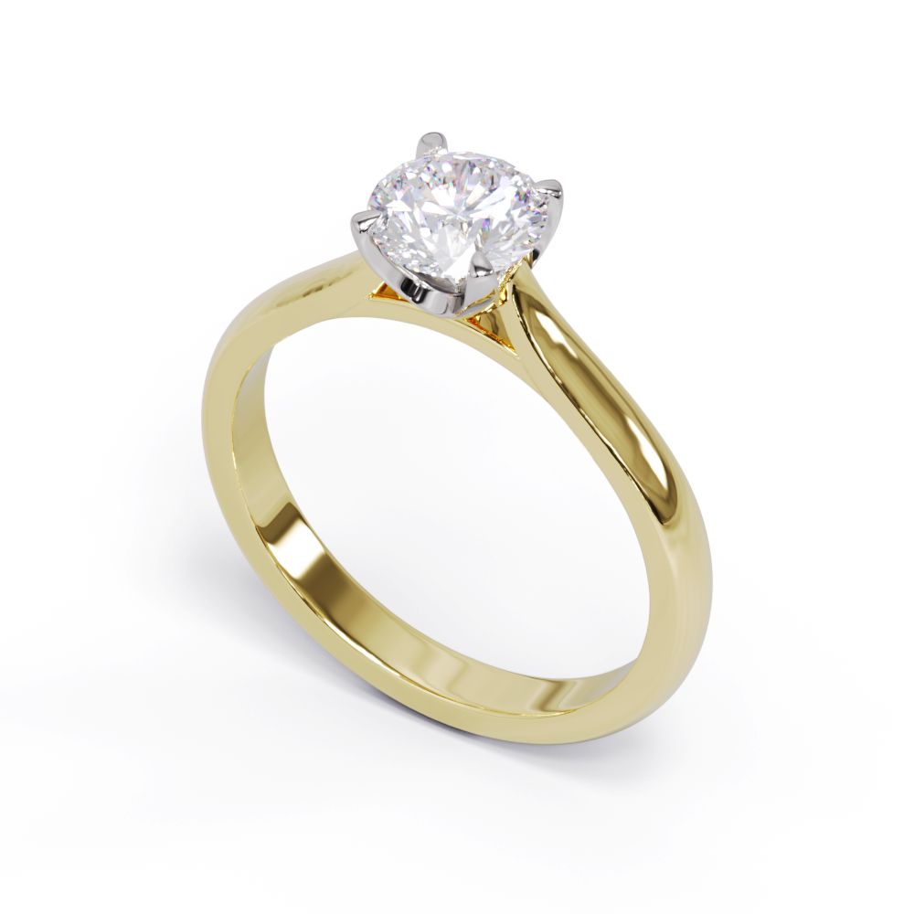 Yellow gold round diamond ring with a platinum diamond setting. 