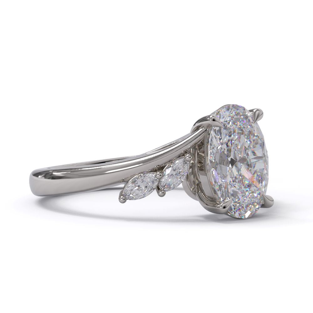Oval Diamond ring with Marquise shaped side stones on a white background. CAD design by Meaden Master Jewellers.