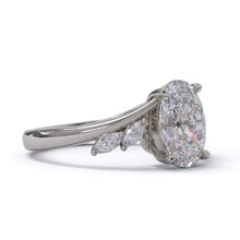 Oval Diamond ring with Marquise shaped side stones on a white background. CAD design by Meaden Master Jewellers.