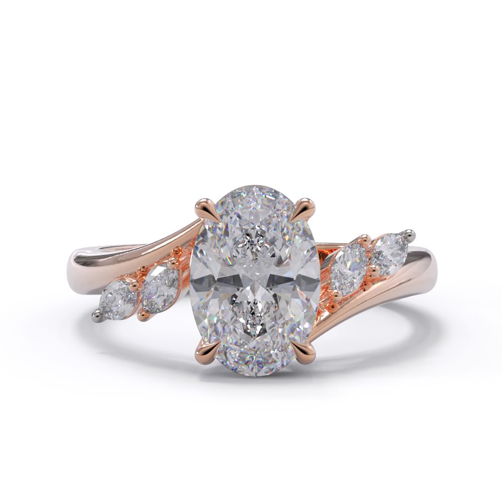 Rose gold ring with a large diamond and smaller diamonds on a white background