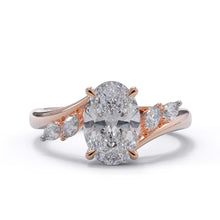 Rose gold ring with a large diamond and smaller diamonds on a white background