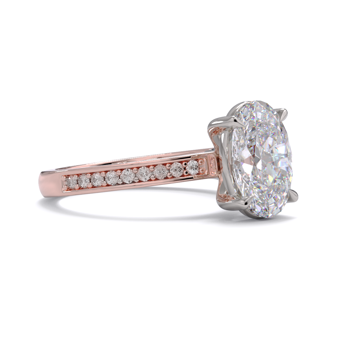 Rose gold ring with a large diamond and smaller diamonds on the band against a white background