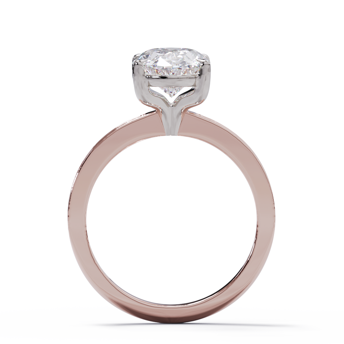Rose gold ring with a diamond on a white background