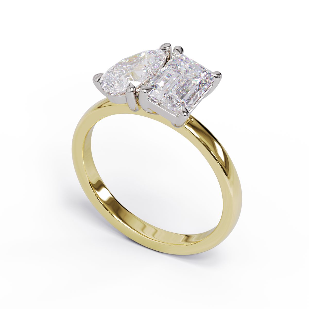 A solitaire diamond Toi et Moi style ring with a yellow gold band set in a platinum setting.