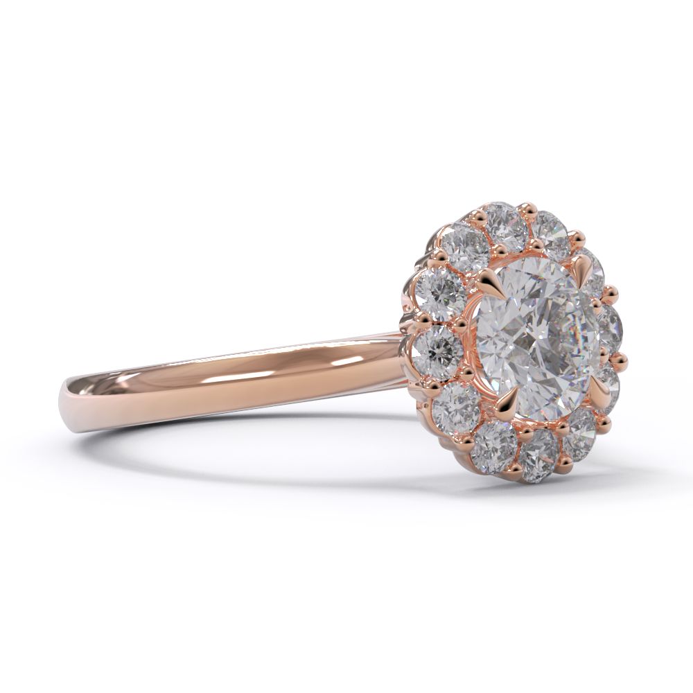 Rose gold ring with a diamond cluster on a white background