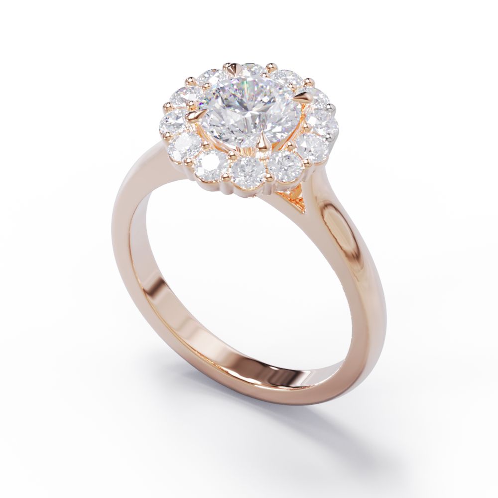 Rose gold ring with a diamond cluster on a white background