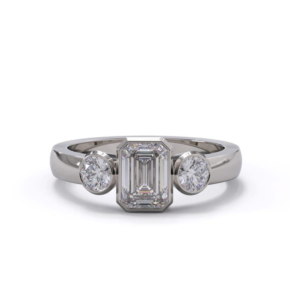 Three Stone Bezel Ring Front White Gold 