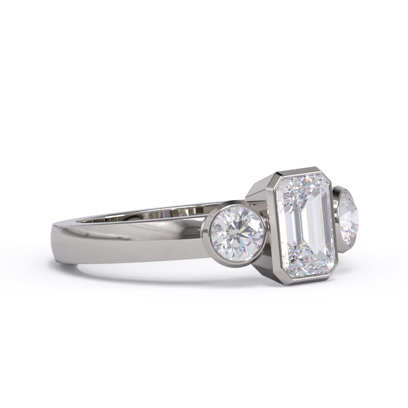 Three Stone Bezel Ring side on white Gold