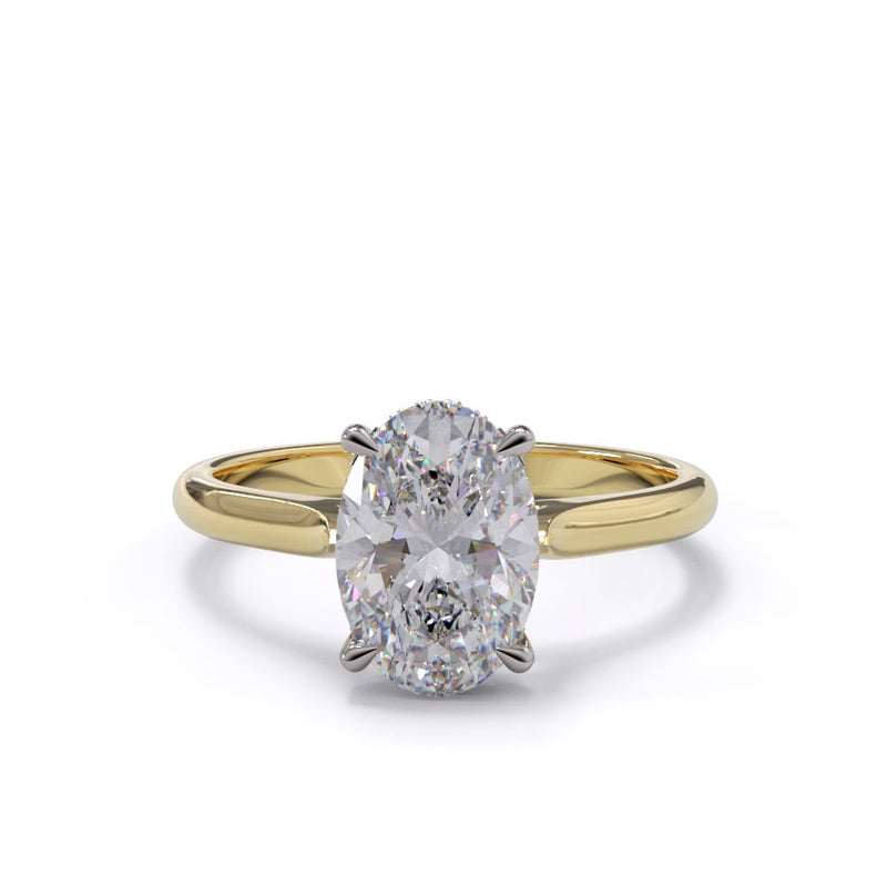 An oval solitare engagement ring with a halo of round pave diamond. Set in a platinum setting on a yellow gold band.