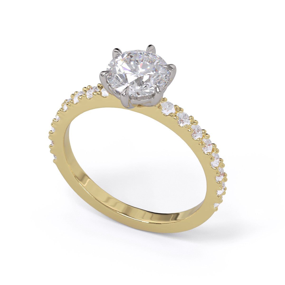 A round brilliant diamond solitaire ring with diamond pave on the band, set in a platinum on a yellow gold band.