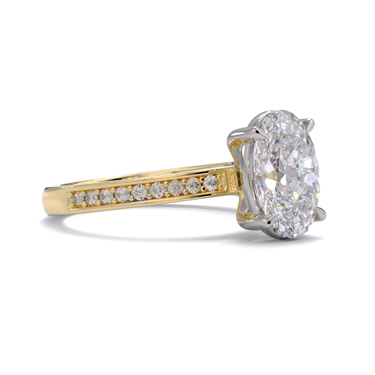 Gold ring with a large diamond and smaller diamonds on the band against a white background
