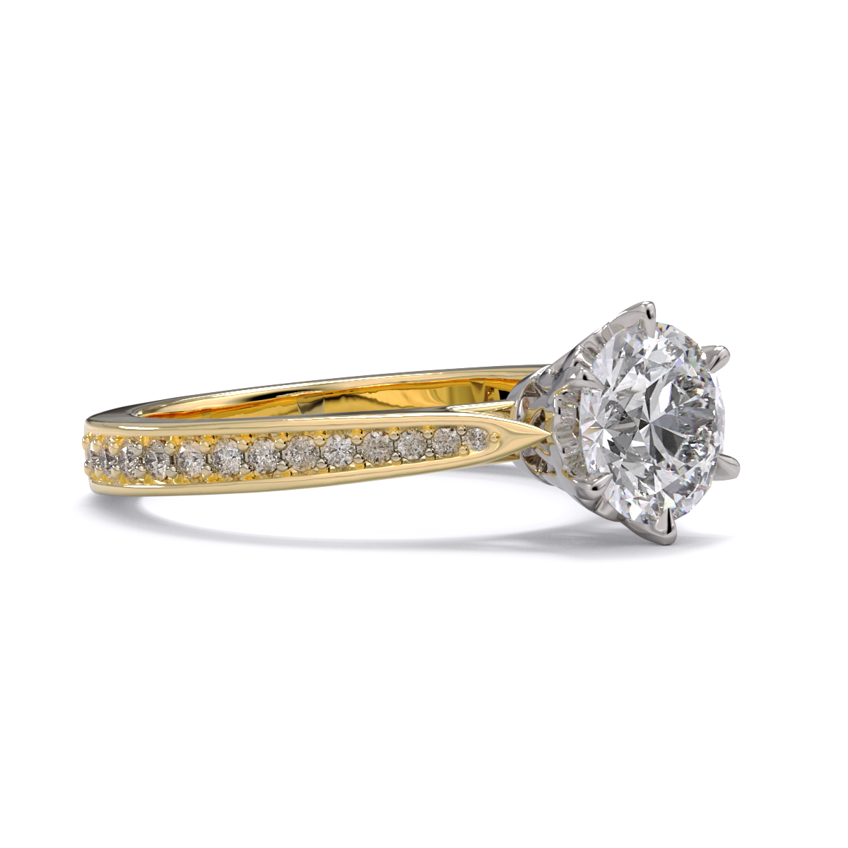 Gold ring with a large diamond and smaller diamonds on the band against a white background