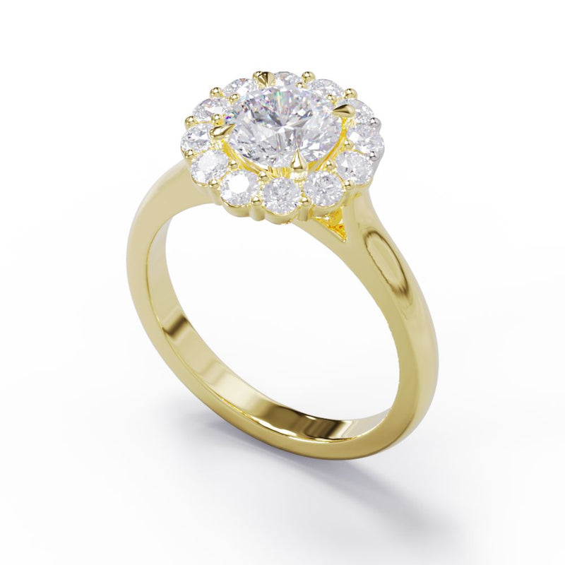 Gold ring with a diamond cluster on a white background