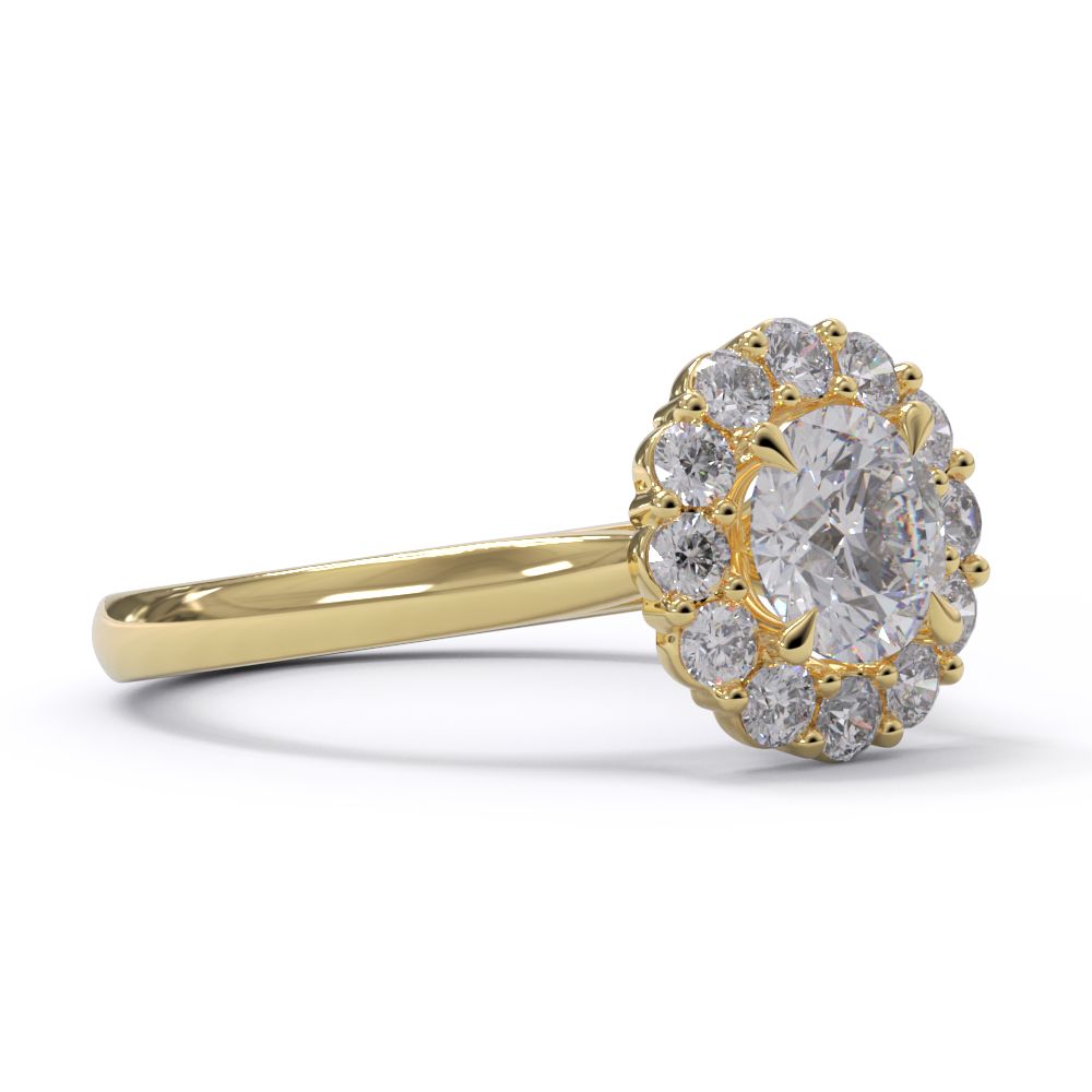 Gold ring with a diamond cluster on a white background