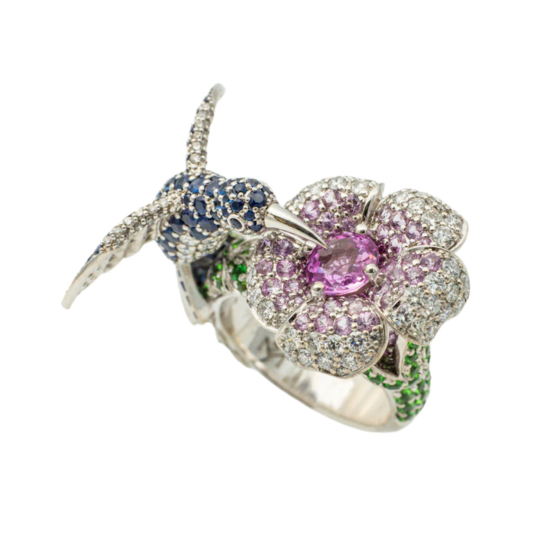 Custom Design Sapphire and White Gold Cocktail Ring with Hummingbird Design