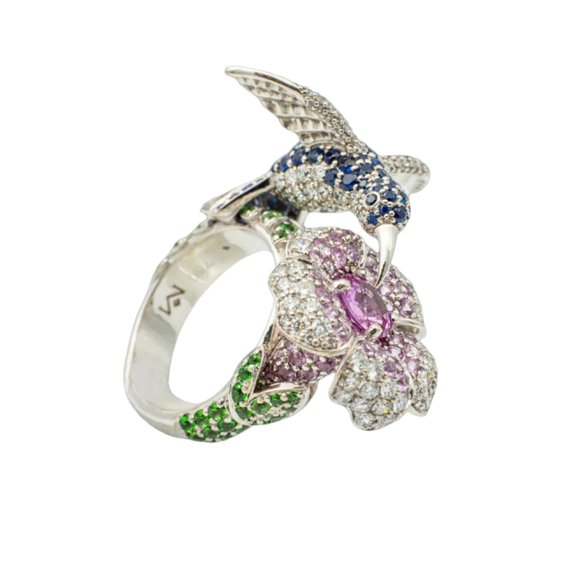 Handcrafted Sapphire Cocktail ring with Hummingbird Design