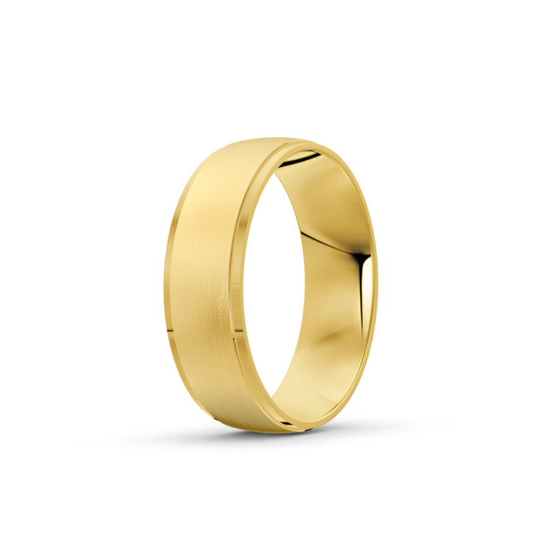 Yellow-gold men's wedding ring with a textured band on a white background. By Meaden Master Jewellers. Award-winning team of Jewellers, based in Auckland, New Zealand.