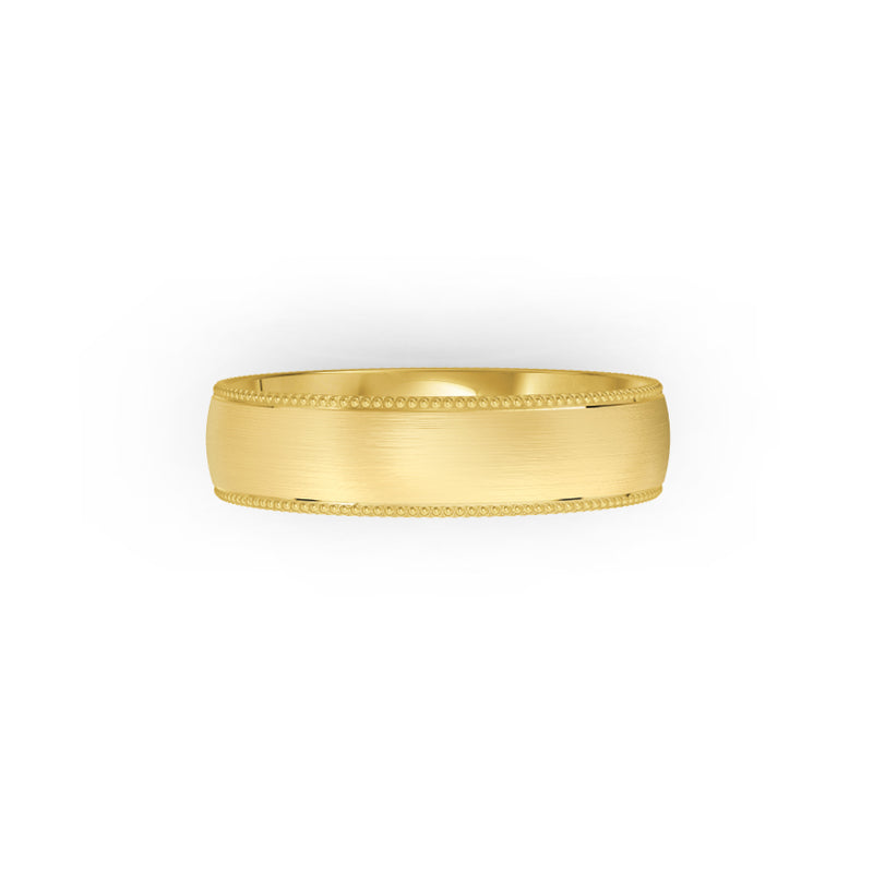 Yellow-gold men's wedding ring with a textured edge on a white background. By Meaden Master Jewellers. Award-winning team of Jewellers, based in Auckland, New Zealand.