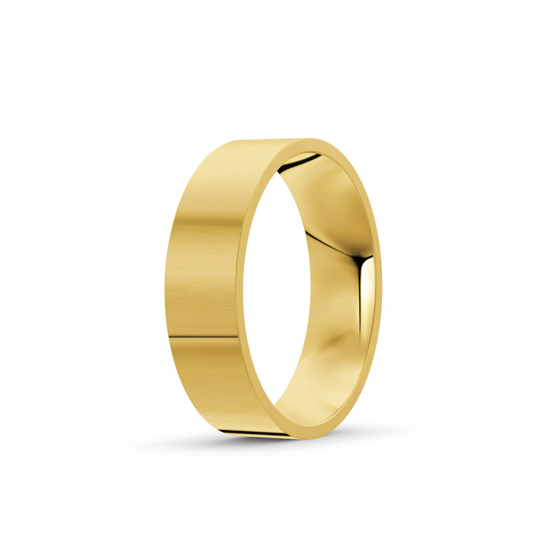 Yellow-gold men's wedding ring with a polished finish on a white background. By Meaden Master Jewellers. Award-winning team of Jewellers, based in Auckland, New Zealand.