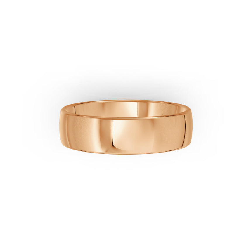 Rose-gold men's wedding ring with a polished finish on a white background. By Meaden Master Jewellers. Award-winning team of Jewellers, based in Auckland, New Zealand.