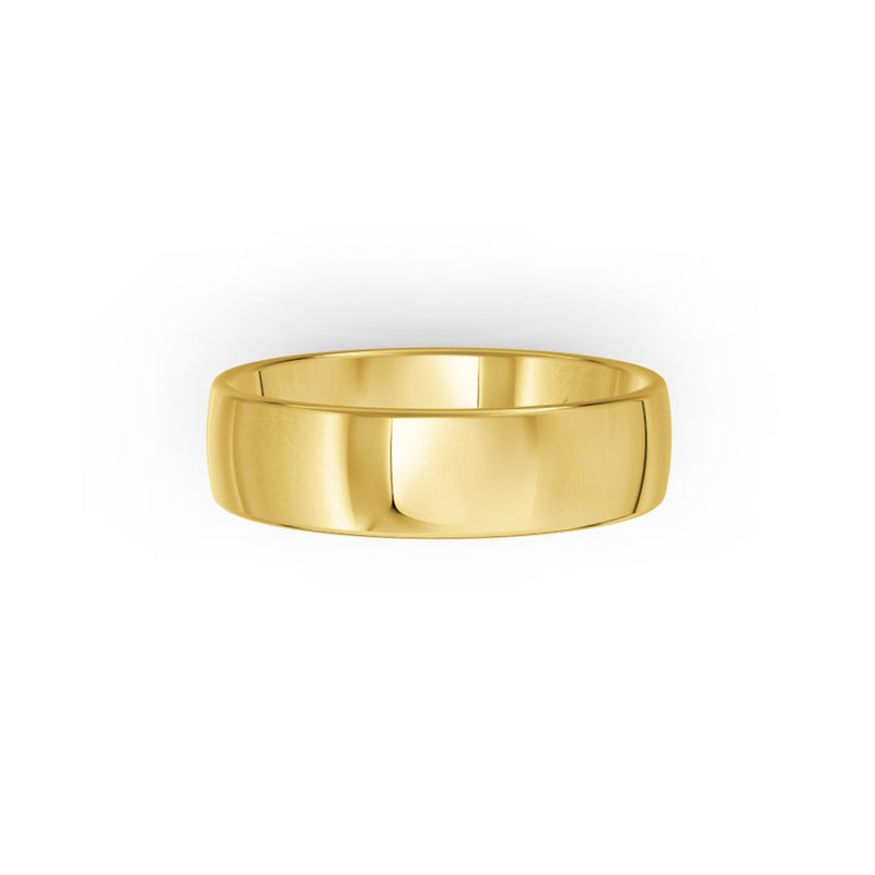 Yellow-gold men's wedding ring with a polished finish on a white background. By Meaden Master Jewellers. Award-winning team of Jewellers, based in Auckland, New Zealand.