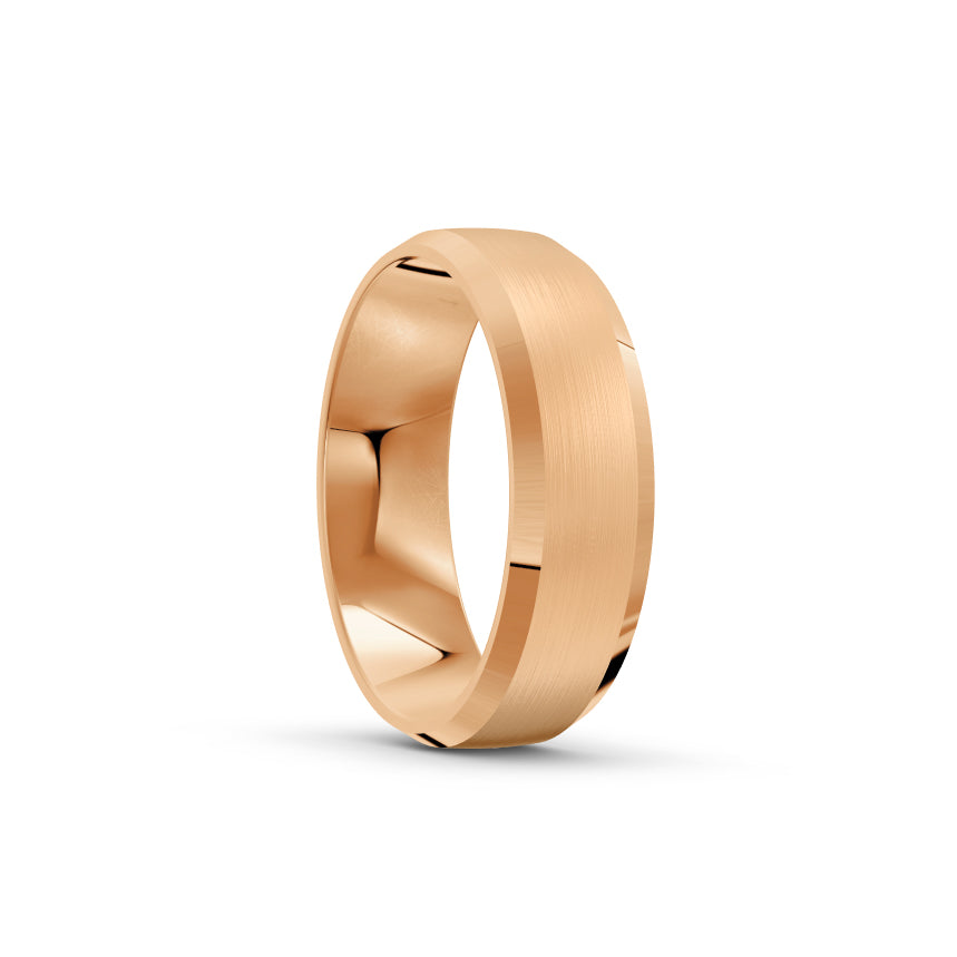Rose-gold men's wedding ring with a brushed finish on a white background. By Meaden Master Jewellers. Award-winning team of Jewellers, based in Auckland, New Zealand.