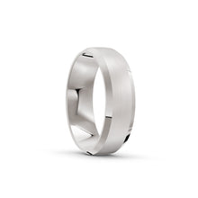 Platinum or white-gold men's wedding ring with a brushed finish on a white background. By Meaden Master Jewellers. Award-winning team of Jewellers, based in Auckland, New Zealand.