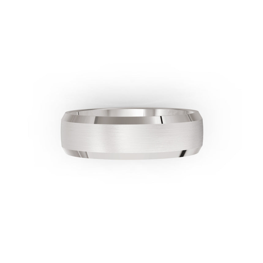 Platinum or white-gold men's wedding ring with a brushed finish on a white background. By Meaden Master Jewellers. Award-winning team of Jewellers, based in Auckland, New Zealand.