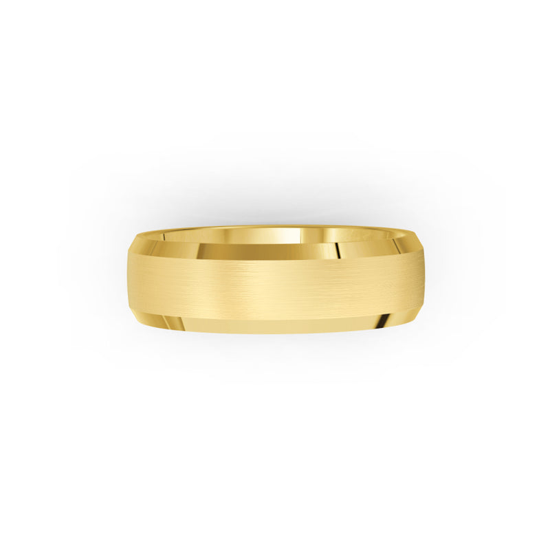 Yellow-gold men's wedding ring with a brushed finish on a white background. By Meaden Master Jewellers. Award-winning team of Jewellers, based in Auckland, New Zealand.