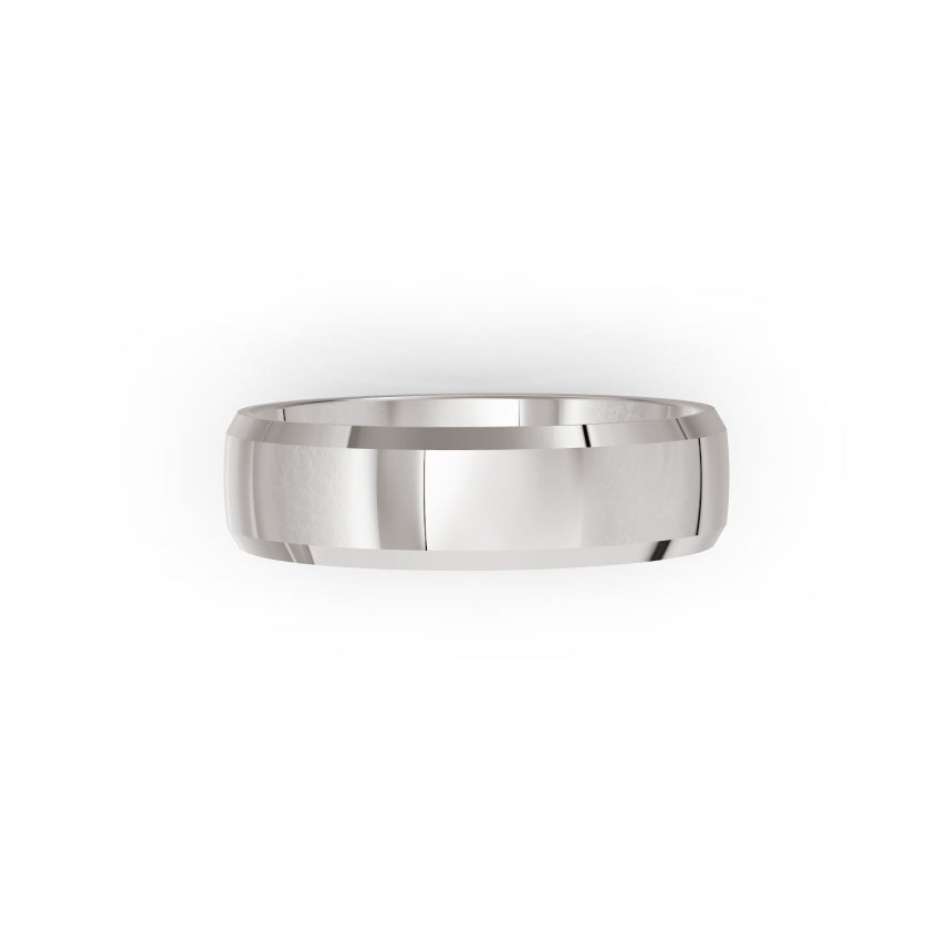 Platinum or white-gold men's wedding ring with a polished finish on a white background. By Meaden Master Jewellers. Award-winning team of Jewellers, based in Auckland, New Zealand.