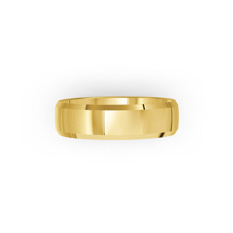 Yellow-gold men's wedding ring with a polished finish on a white background. By Meaden Master Jewellers. Award-winning team of Jewellers, based in Auckland, New Zealand.