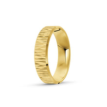 Yellow gold men's wedding ring with a textured band on a white background. By Meaden Master Jewellers. Award-winning team of Jewellers, based in Auckland, New Zealand.